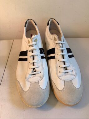 Prada Trainers Shoes Cream Leather Sneakers with Black Stripes